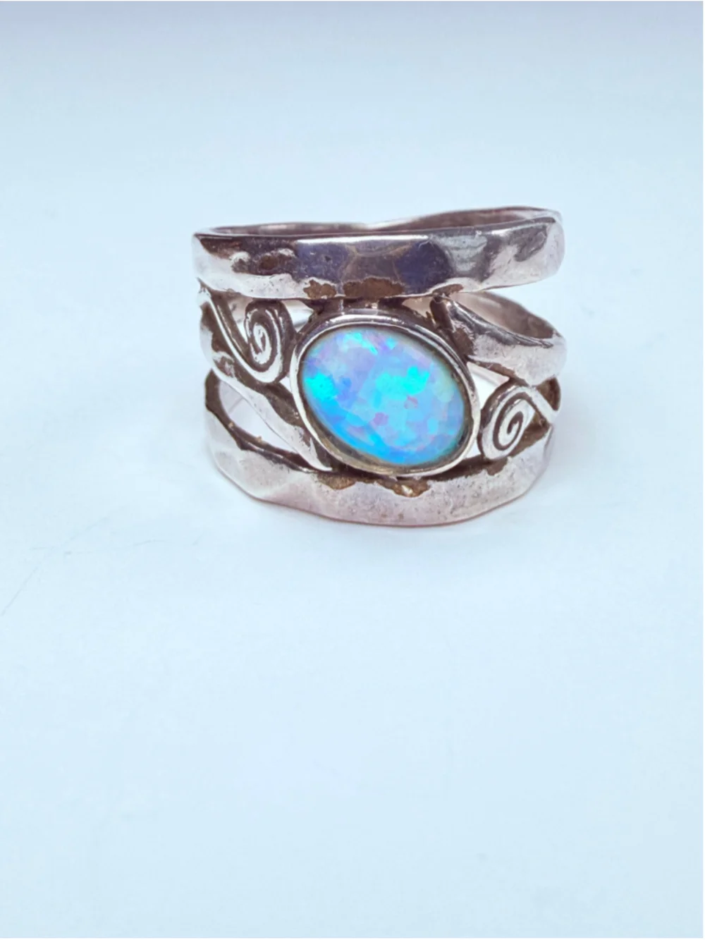Didae Shablool Blue Opal 925 Sterling Silver Hammered Israel Ring